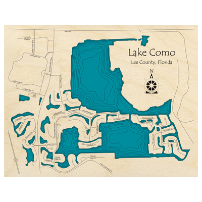 Bathymetric topo map of Lake Como, FL with roads, towns and depths noted in blue water.
