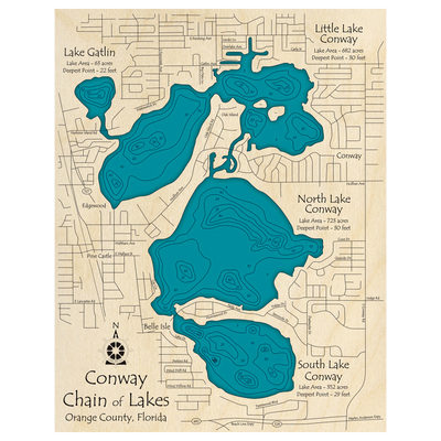 Bathymetric topo map of Conway Chain of Lakes, FL with roads, towns and depths noted in blue water.
