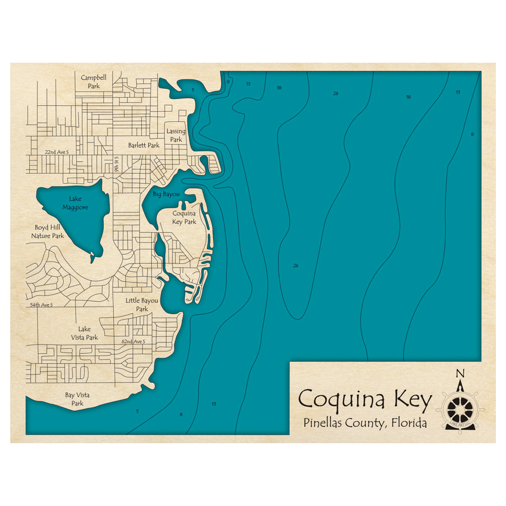 Bathymetric topo map of Coquina Key, FL with roads, towns and depths noted in blue water.