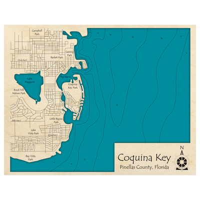Bathymetric topo map of Coquina Key, FL with roads, towns and depths noted in blue water.
