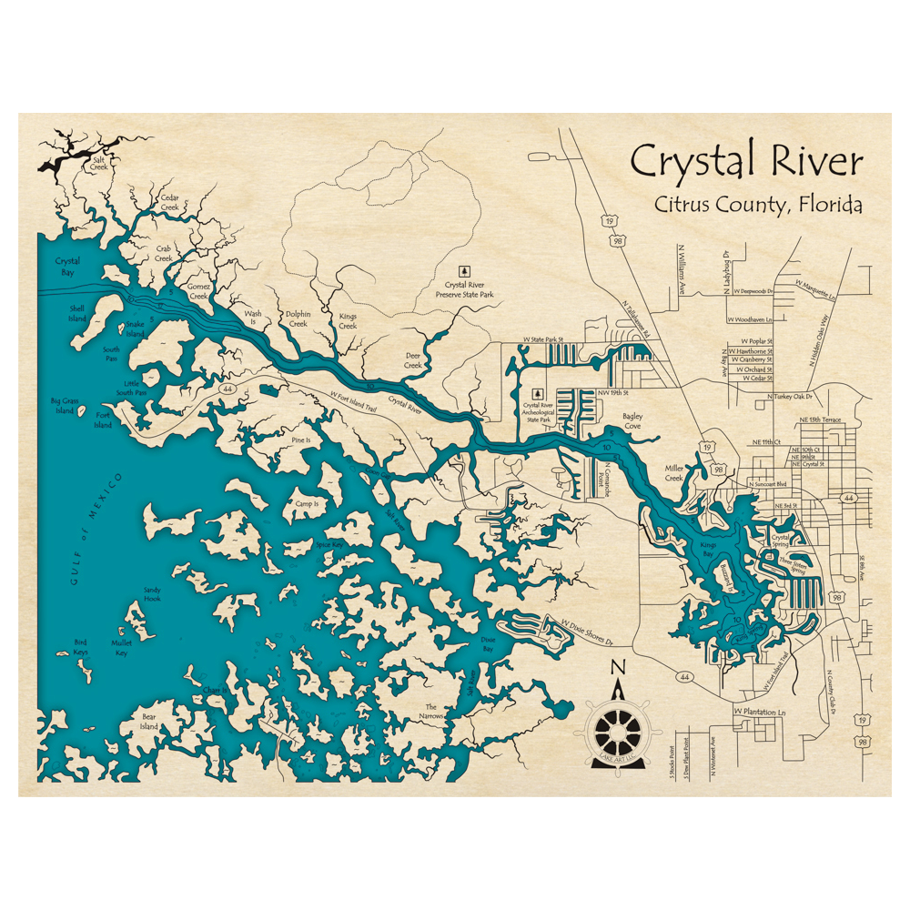Bathymetric topo map of Crystal River and Kings Bay, FL with roads, towns and depths noted in blue water.