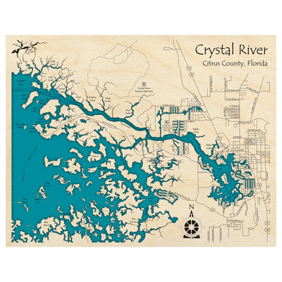 Bathymetric topo map of Crystal River and Kings Bay, FL with roads, towns and depths noted in blue water.