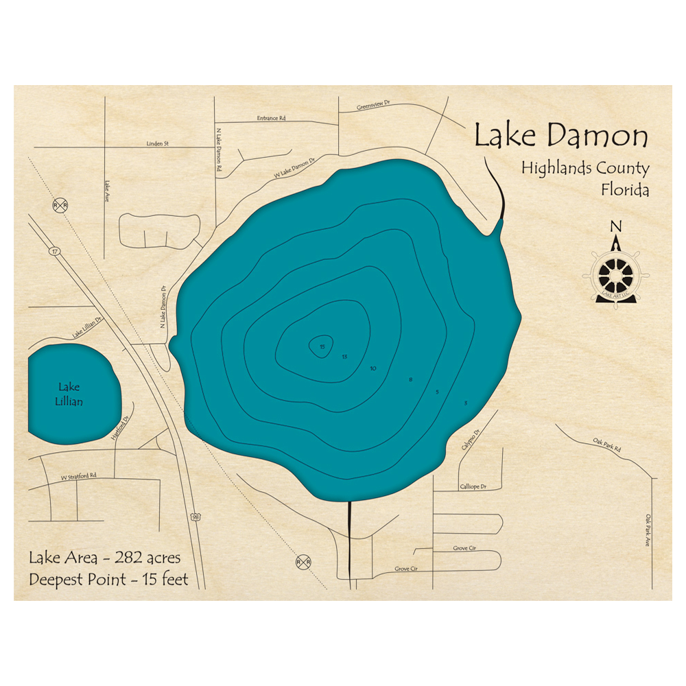 Bathymetric topo map of Lake Damon, FL with roads, towns and depths noted in blue water.