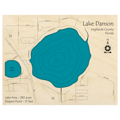 Bathymetric topo map of Lake Damon, FL with roads, towns and depths noted in blue water.