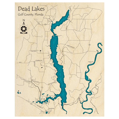 Bathymetric topo map of Dead Lakes, FL with roads, towns and depths noted in blue water.