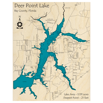 Bathymetric topo map of Deer Point Lake, FL with roads, towns and depths noted in blue water.