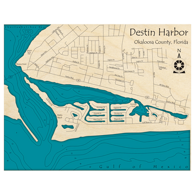 Bathymetric topo map of Destin Harbor, FL with roads, towns and depths noted in blue water.