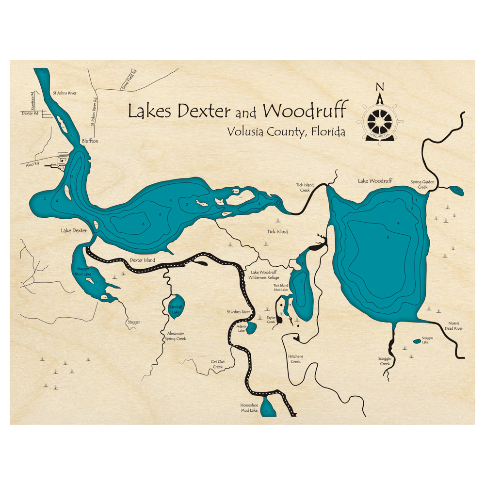 Bathymetric topo map of Lakes Dexter and Woodruff, FL with roads, towns and depths noted in blue water.