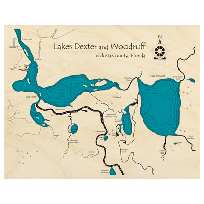 Bathymetric topo map of Lakes Dexter and Woodruff, FL with roads, towns and depths noted in blue water.