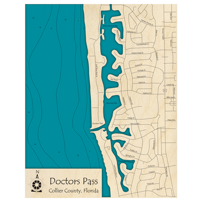 Bathymetric topo map of Doctors Pass Hurricane Harbor, FL with roads, towns and depths noted in blue water.