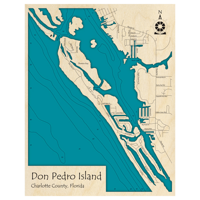 Bathymetric topo map of Don Pedro Island, FL with roads, towns and depths noted in blue water.