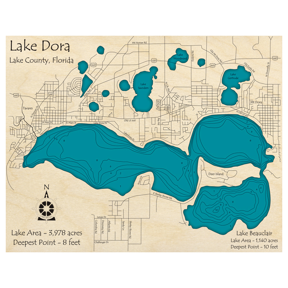 Bathymetric topo map of Lake Dora, FL with roads, towns and depths noted in blue water.