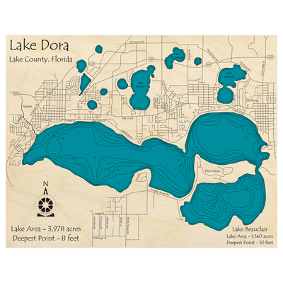 Bathymetric topo map of Lake Dora, FL with roads, towns and depths noted in blue water.