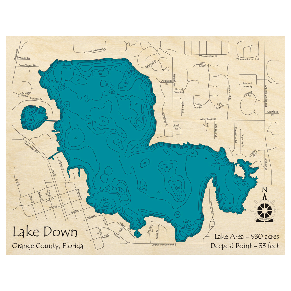 Bathymetric topo map of Lake Down, FL with roads, towns and depths noted in blue water.