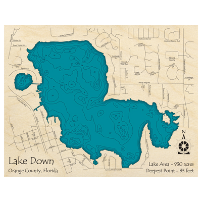Bathymetric topo map of Lake Down, FL with roads, towns and depths noted in blue water.