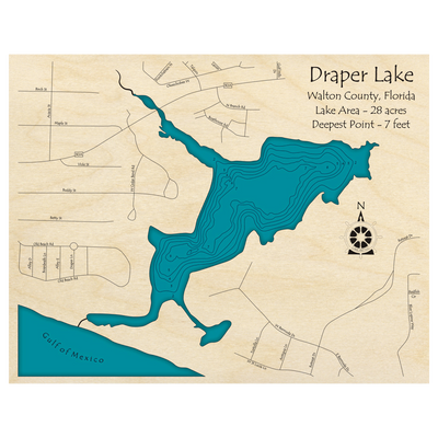 Bathymetric topo map of Draper Lake, FL with roads, towns and depths noted in blue water.