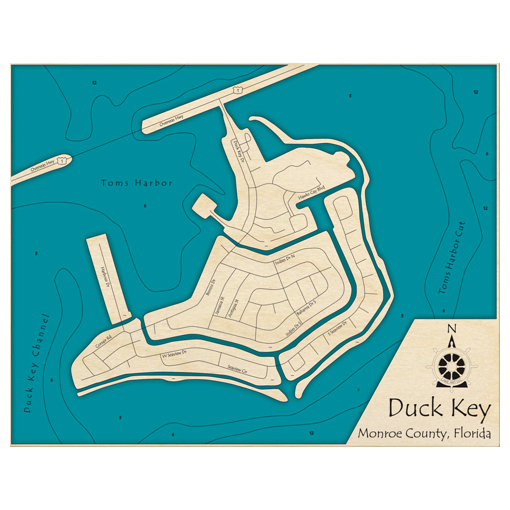 Bathymetric topo map of Duck Key, FL with roads, towns and depths noted in blue water.