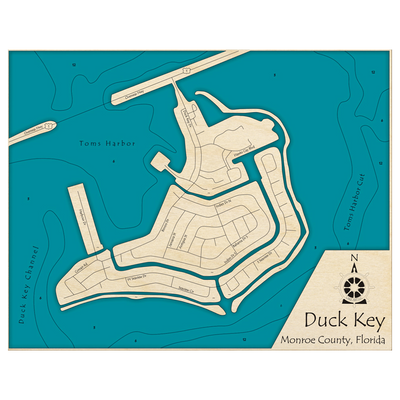 Bathymetric topo map of Duck Key, FL with roads, towns and depths noted in blue water.