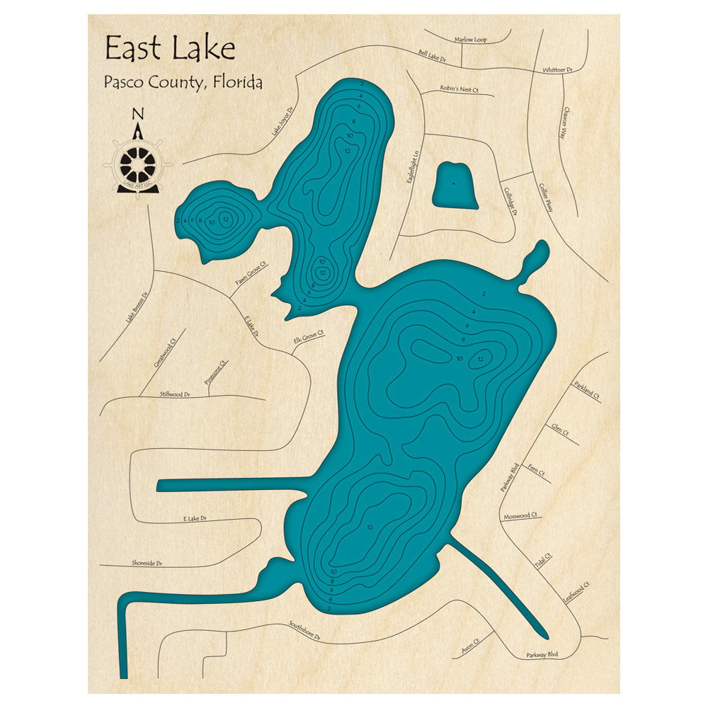 Bathymetric topo map of East Lake, FL with roads, towns and depths noted in blue water.