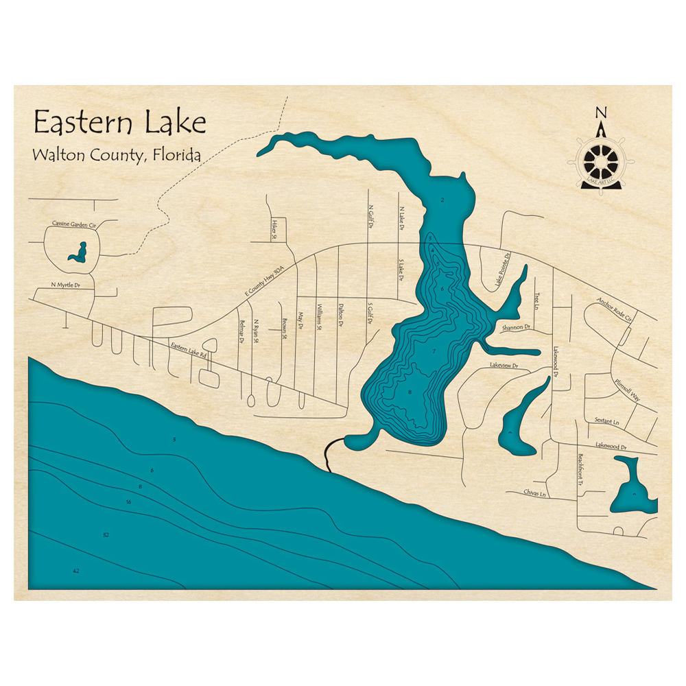 Bathymetric topo map of Eastern Lake, FL with roads, towns and depths noted in blue water.