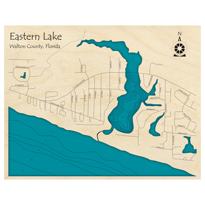 Bathymetric topo map of Eastern Lake, FL with roads, towns and depths noted in blue water.
