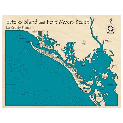 Bathymetric topo map of Estero Island and Fort Myers Beach, FL with roads, towns and depths noted in blue water.
