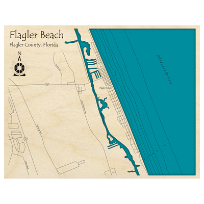 Bathymetric topo map of Flagler Beach, FL with roads, towns and depths noted in blue water.
