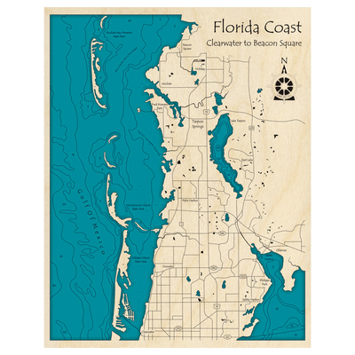 Bathymetric topo map of Florida Gulf Coast, FL with roads, towns and depths noted in blue water.