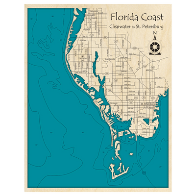 Bathymetric topo map of Florida Gulf Coast, FL with roads, towns and depths noted in blue water.