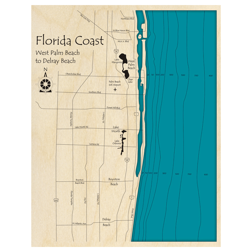 Bathymetric topo map of Forida Coast, FL with roads, towns and depths noted in blue water.