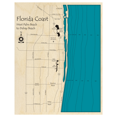 Bathymetric topo map of Forida Coast, FL with roads, towns and depths noted in blue water.