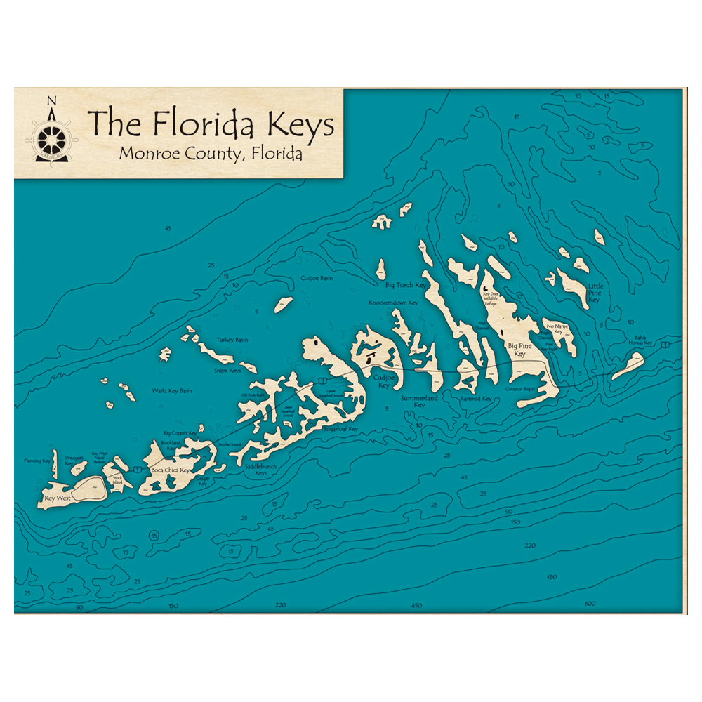 Bathymetric topo map of The Florida Keys, FL with roads, towns and depths noted in blue water.