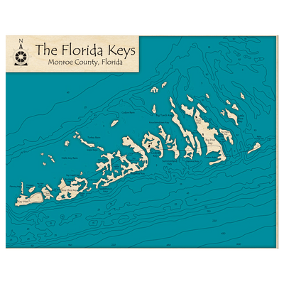 Bathymetric topo map of The Florida Keys, FL with roads, towns and depths noted in blue water.