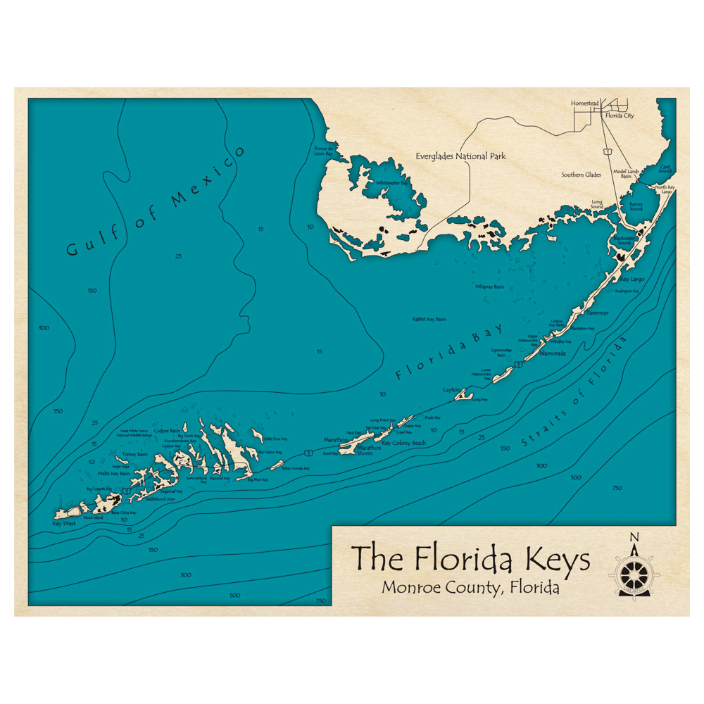 Bathymetric topo map of The Florida Keys, FL with roads, towns and depths noted in blue water.