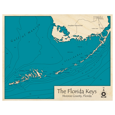 Bathymetric topo map of The Florida Keys, FL with roads, towns and depths noted in blue water.