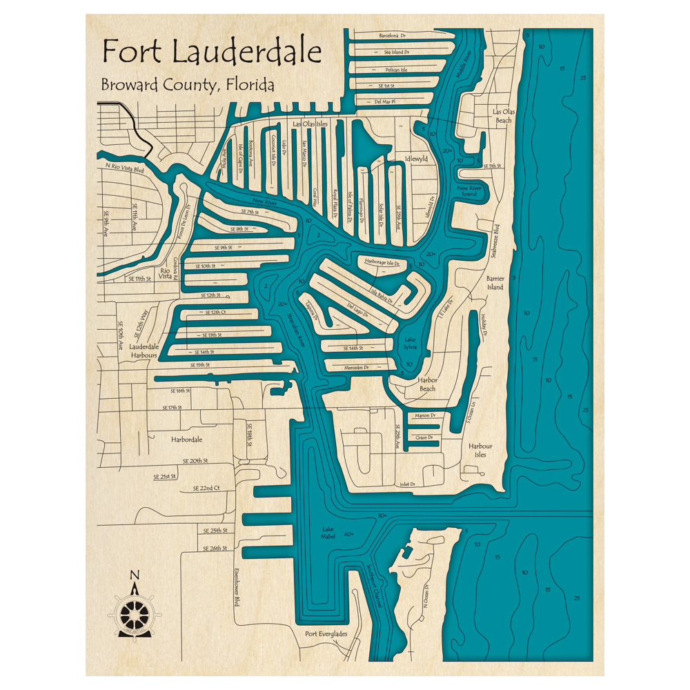 Bathymetric topo map of Fort Lauderdale, FL with roads, towns and depths noted in blue water.
