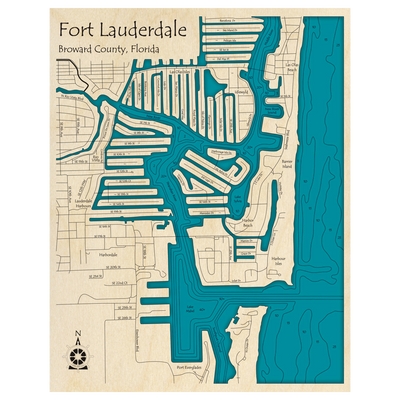 Bathymetric topo map of Fort Lauderdale, FL with roads, towns and depths noted in blue water.