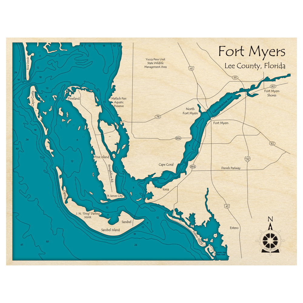 Bathymetric topo map of Fort Myers, FL with roads, towns and depths noted in blue water.