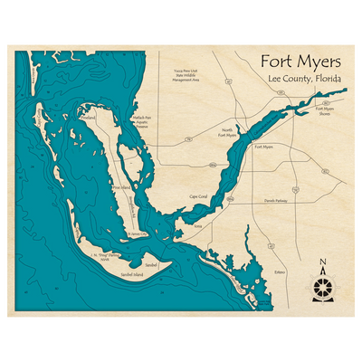 Bathymetric topo map of Fort Myers, FL with roads, towns and depths noted in blue water.
