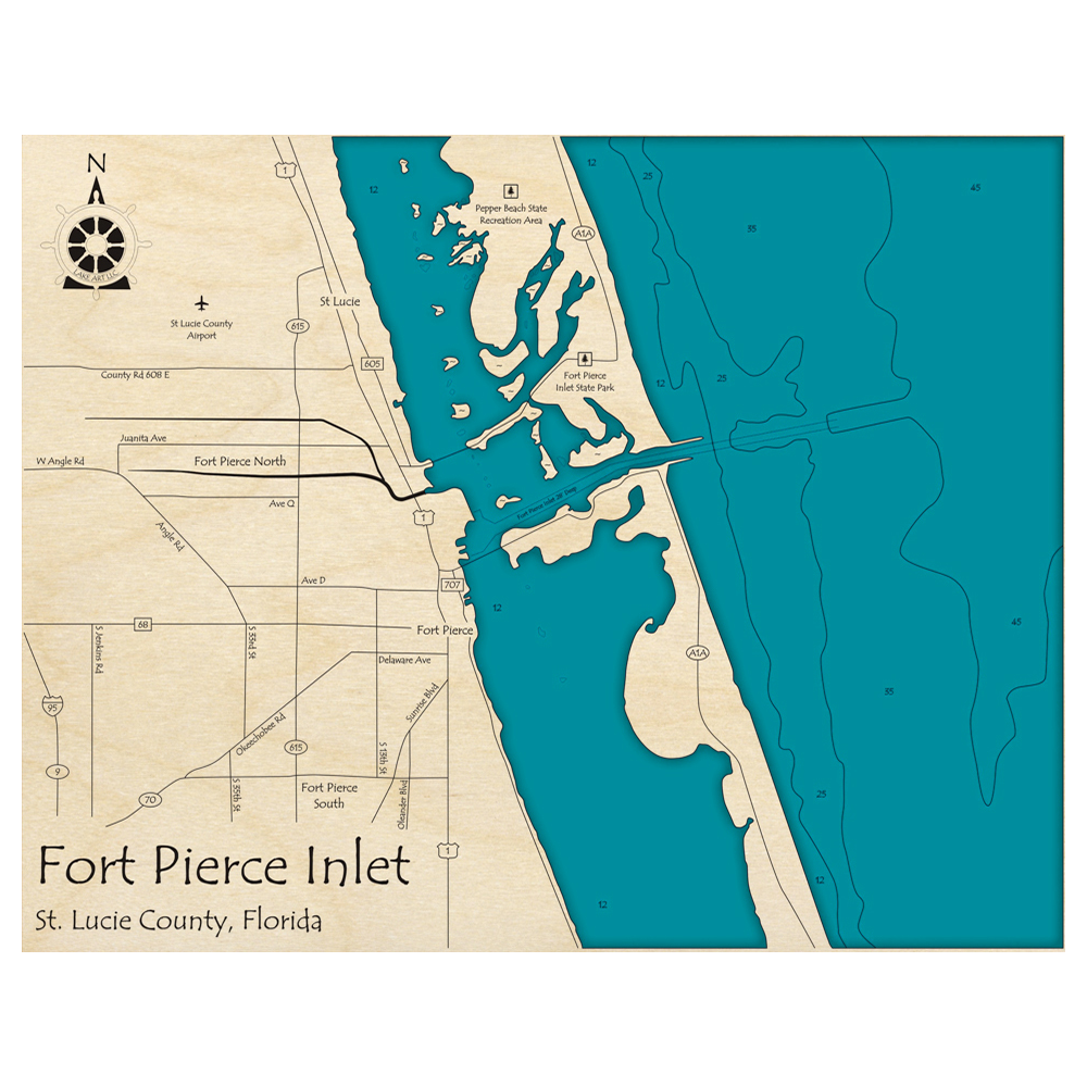 Bathymetric topo map of Fort Pierce Inlet, FL with roads, towns and depths noted in blue water.