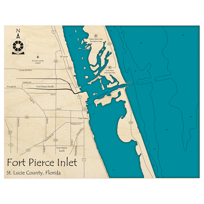 Bathymetric topo map of Fort Pierce Inlet, FL with roads, towns and depths noted in blue water.