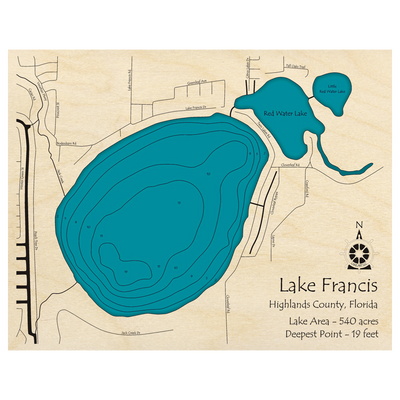 Bathymetric topo map of Lake Francis, FL with roads, towns and depths noted in blue water.