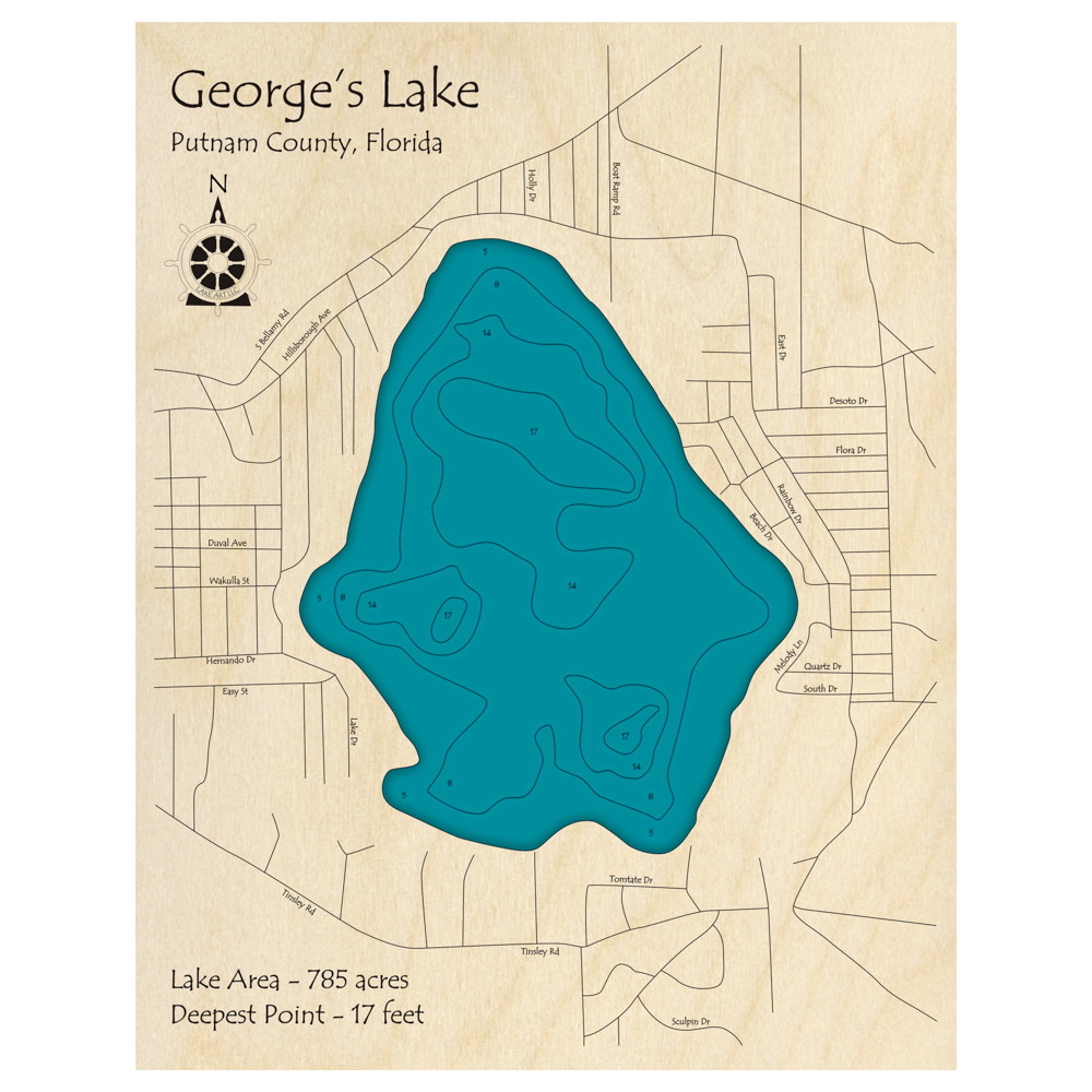 Bathymetric topo map of Georges Lake, FL with roads, towns and depths noted in blue water.