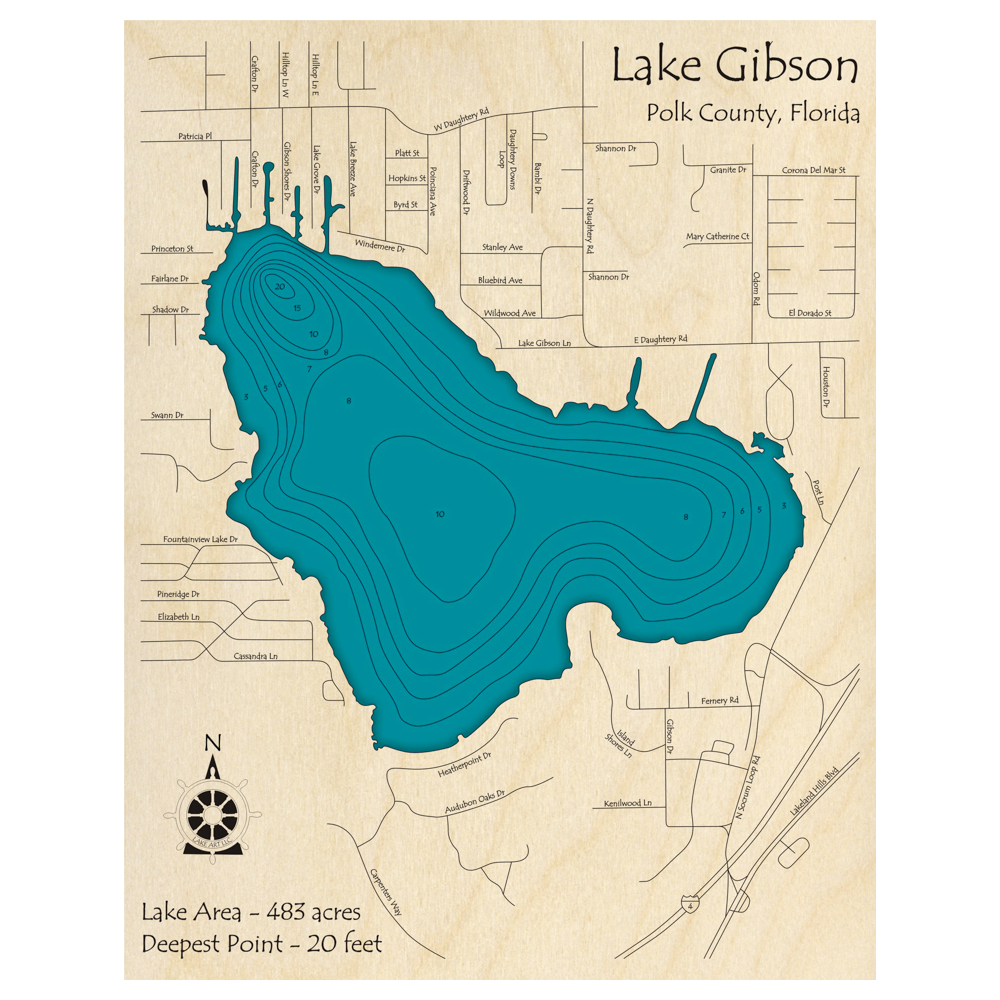 Bathymetric topo map of Lake Gibson, FL with roads, towns and depths noted in blue water.
