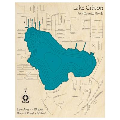 Bathymetric topo map of Lake Gibson, FL with roads, towns and depths noted in blue water.