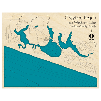 Bathymetric topo map of Grayton Beach, FL with roads, towns and depths noted in blue water.