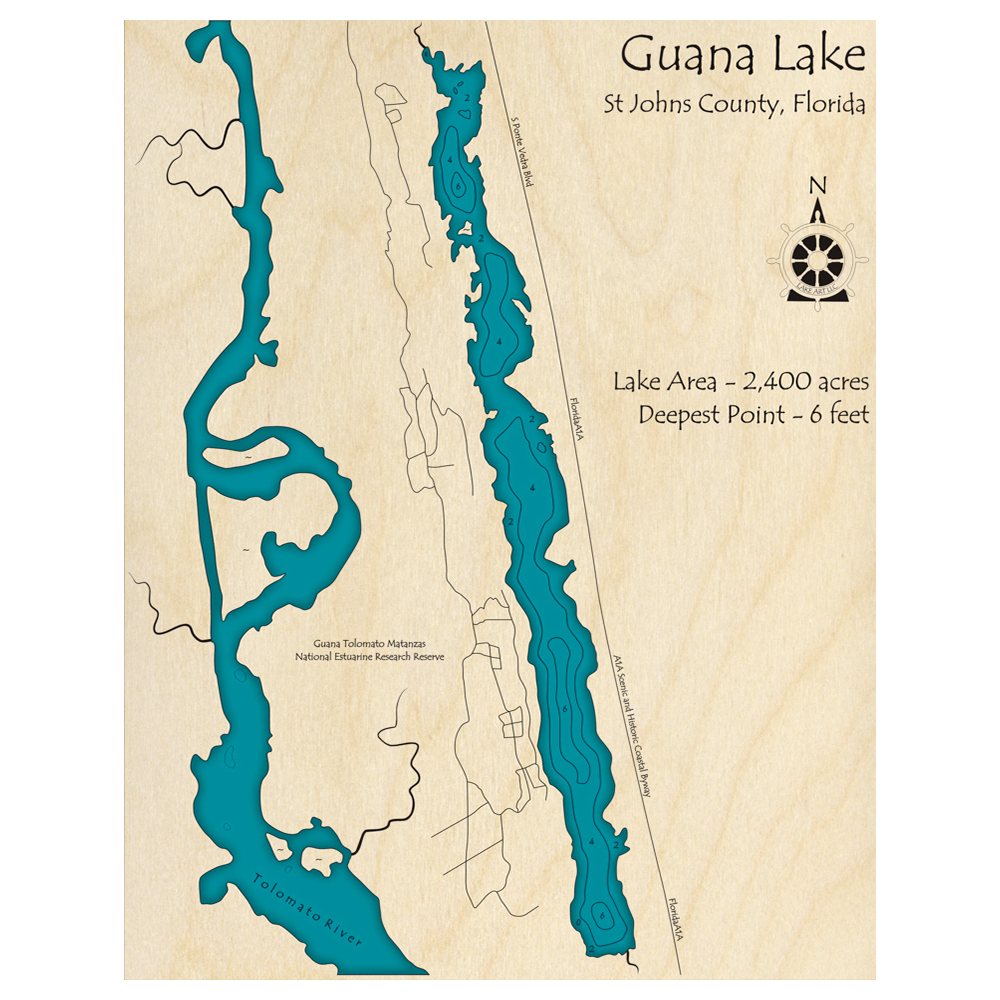 Bathymetric topo map of Guana Lake, FL with roads, towns and depths noted in blue water.