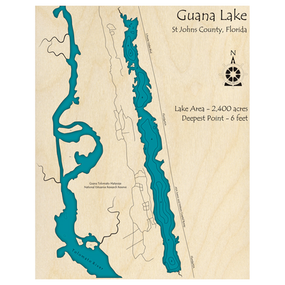 Bathymetric topo map of Guana Lake, FL with roads, towns and depths noted in blue water.