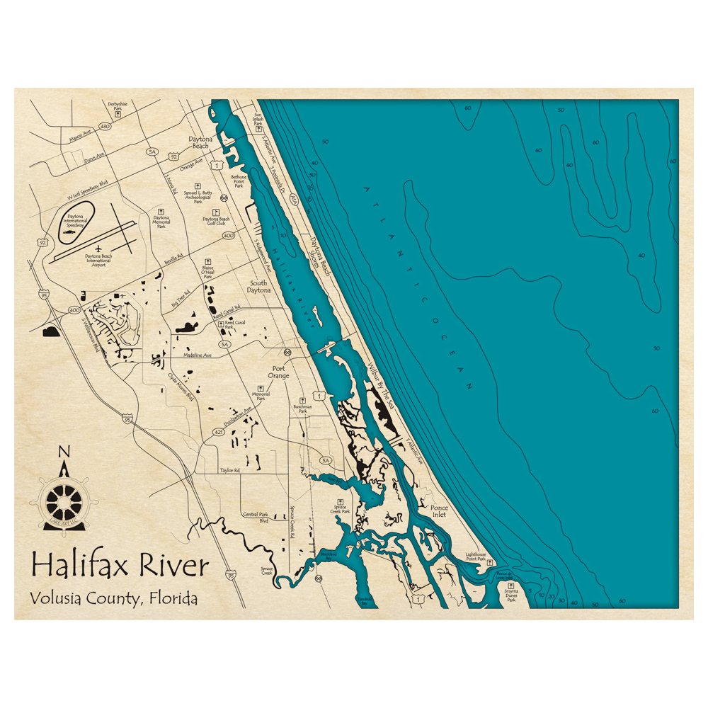 Bathymetric topo map of Halifax River, FL with roads, towns and depths noted in blue water.
