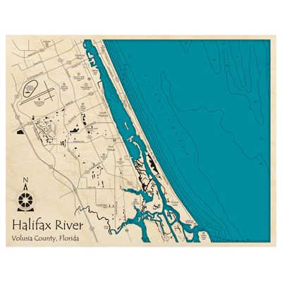 Bathymetric topo map of Halifax River, FL with roads, towns and depths noted in blue water.